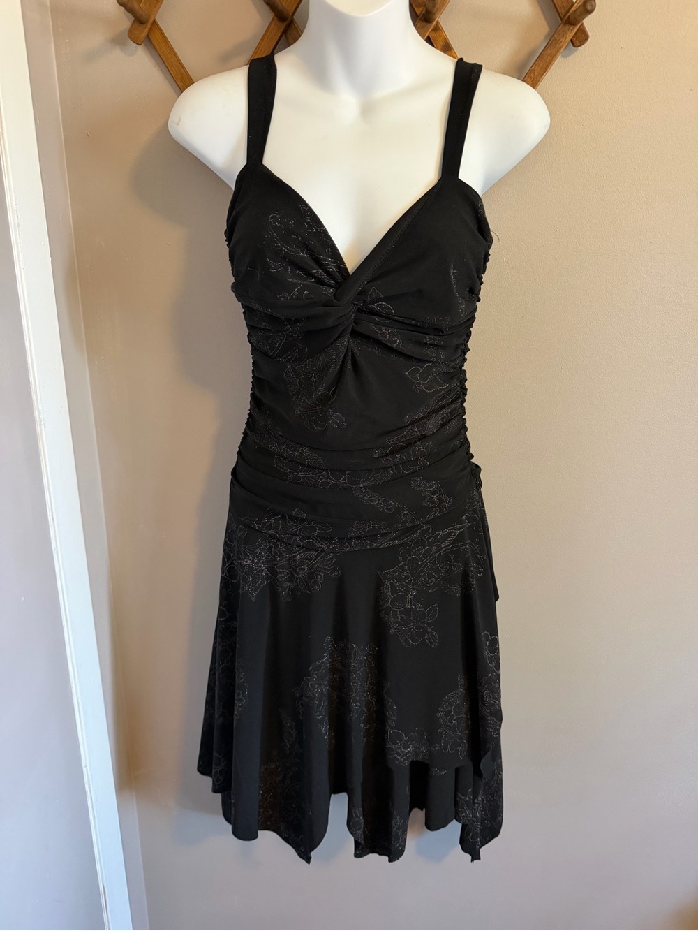 Y2K Le Chateau Black Floral Shimmer Ruching Dress S